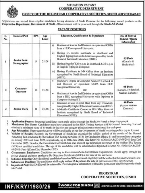 Cooperative Sindh Jobs 2026 – 48 Posts, BPS-11 to BPS-14 Apply Online